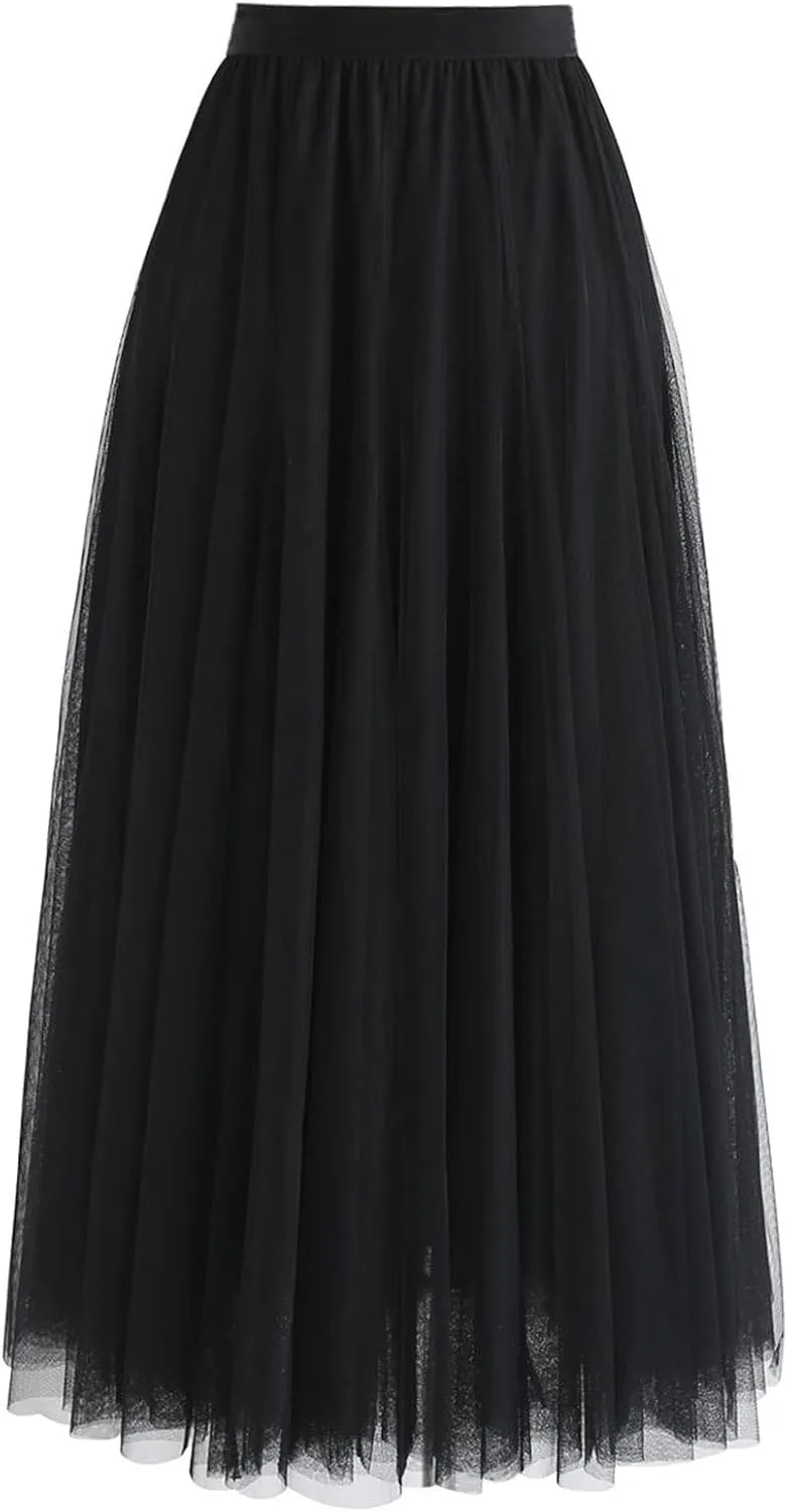 CHICWISH Women's Lilac/Cream/Grey/Pink/Black Layered Mesh Ballet Prom Party Tulle Tutu A-Line Maxi Skirt