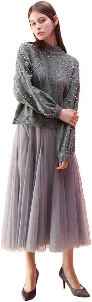 CHICWISH Women's Lilac/Cream/Grey/Pink/Black Layered Mesh Ballet Prom Party Tulle Tutu A-Line Maxi Skirt