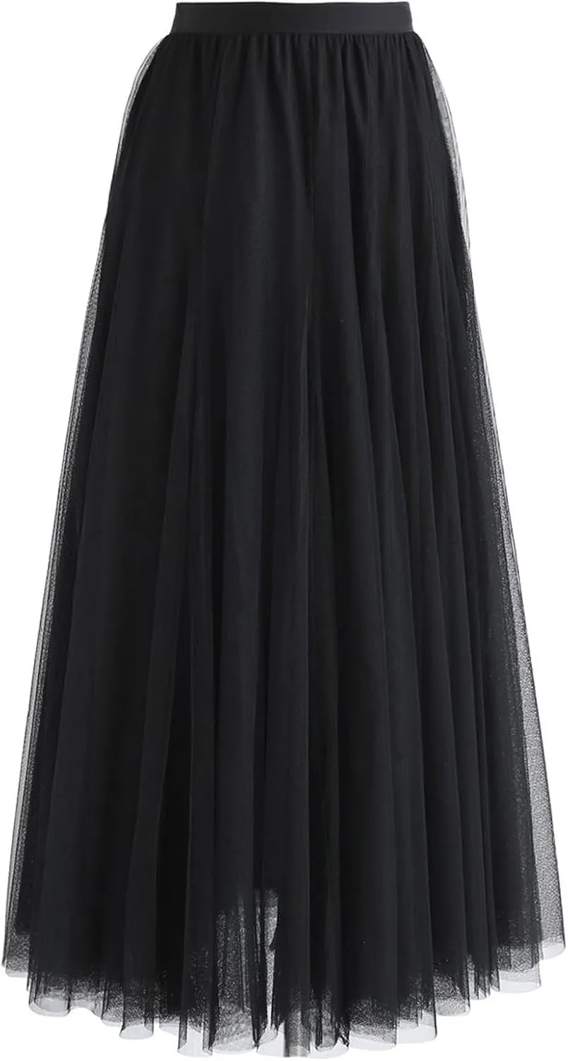 CHICWISH Women's Lilac/Cream/Grey/Pink/Black Layered Mesh Ballet Prom Party Tulle Tutu A-Line Maxi Skirt