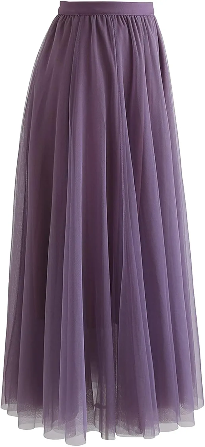 CHICWISH Women's Lilac/Cream/Grey/Pink/Black Layered Mesh Ballet Prom Party Tulle Tutu A-Line Maxi Skirt