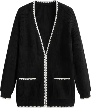 CIDER Knit V-Neck Solid Contrasting Binding Cardigan