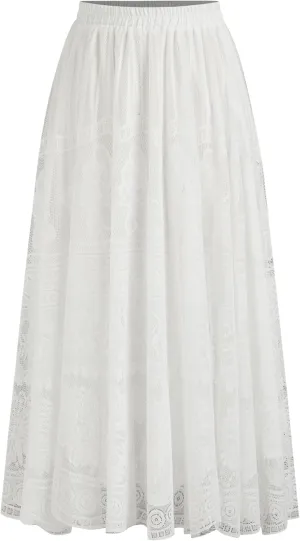 CIDER Women's Long Maxi Lace Skirt Floral Lace Mesh Trendy Skirts