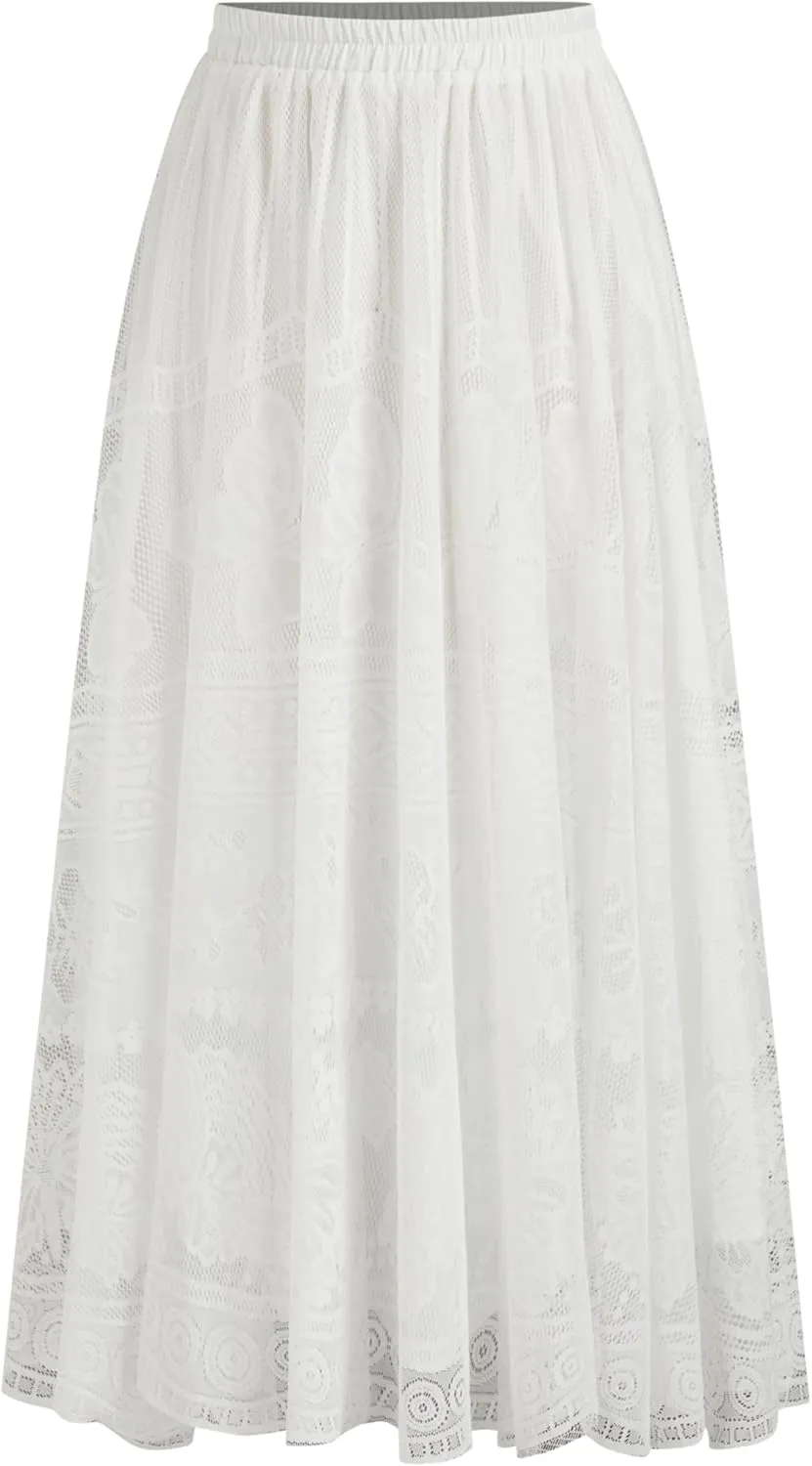 CIDER Women's Long Maxi Lace Skirt Floral Lace Mesh Trendy Skirts