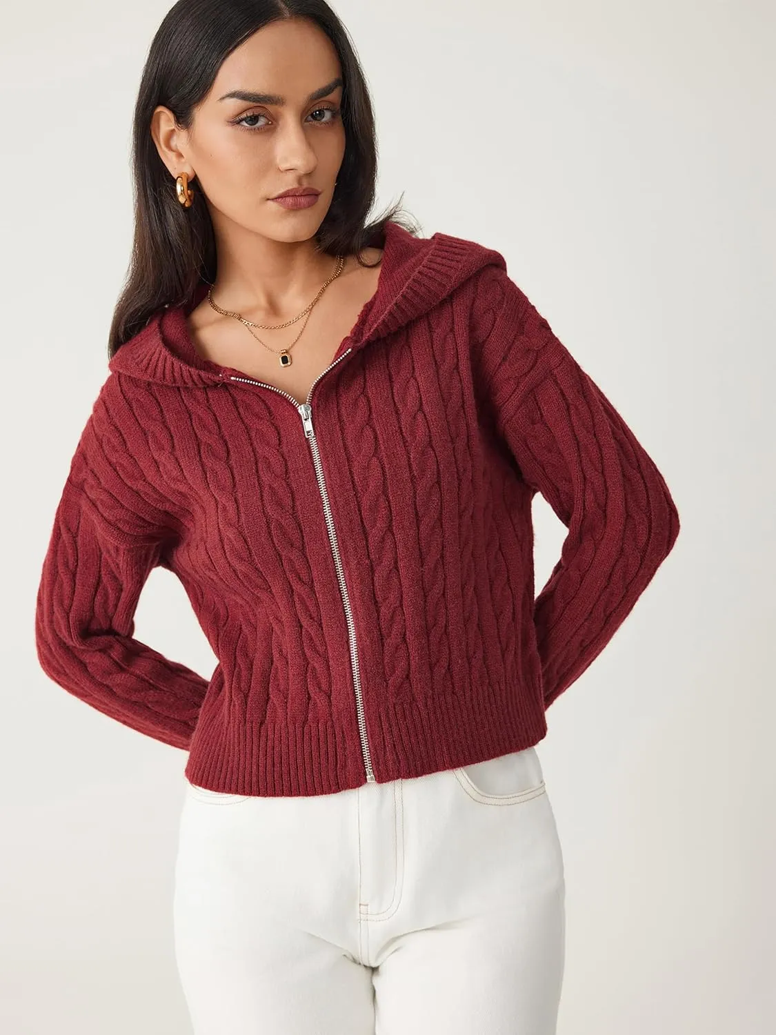 CIDER Women's Zip Up Hoodie Cardigan Cable Knit Long Sleeve Knitter Crop Tops Sweater
