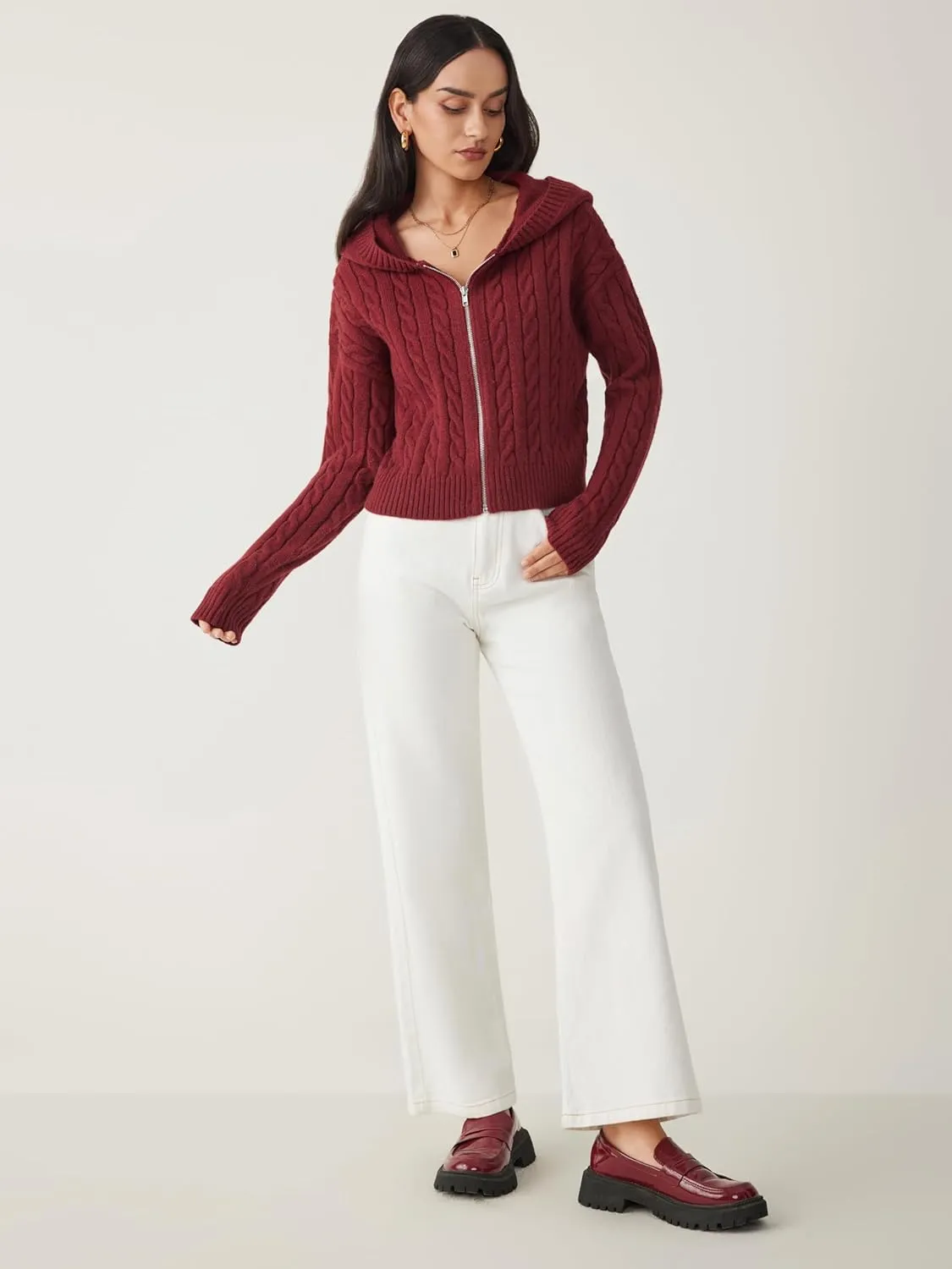 CIDER Women's Zip Up Hoodie Cardigan Cable Knit Long Sleeve Knitter Crop Tops Sweater