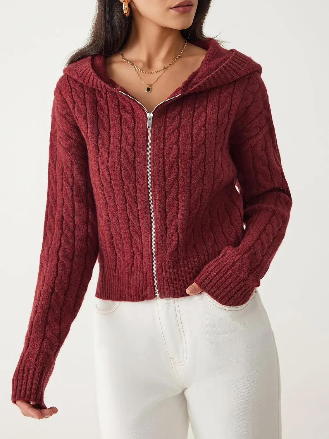 CIDER Women's Zip Up Hoodie Cardigan Cable Knit Long Sleeve Knitter Crop Tops Sweater