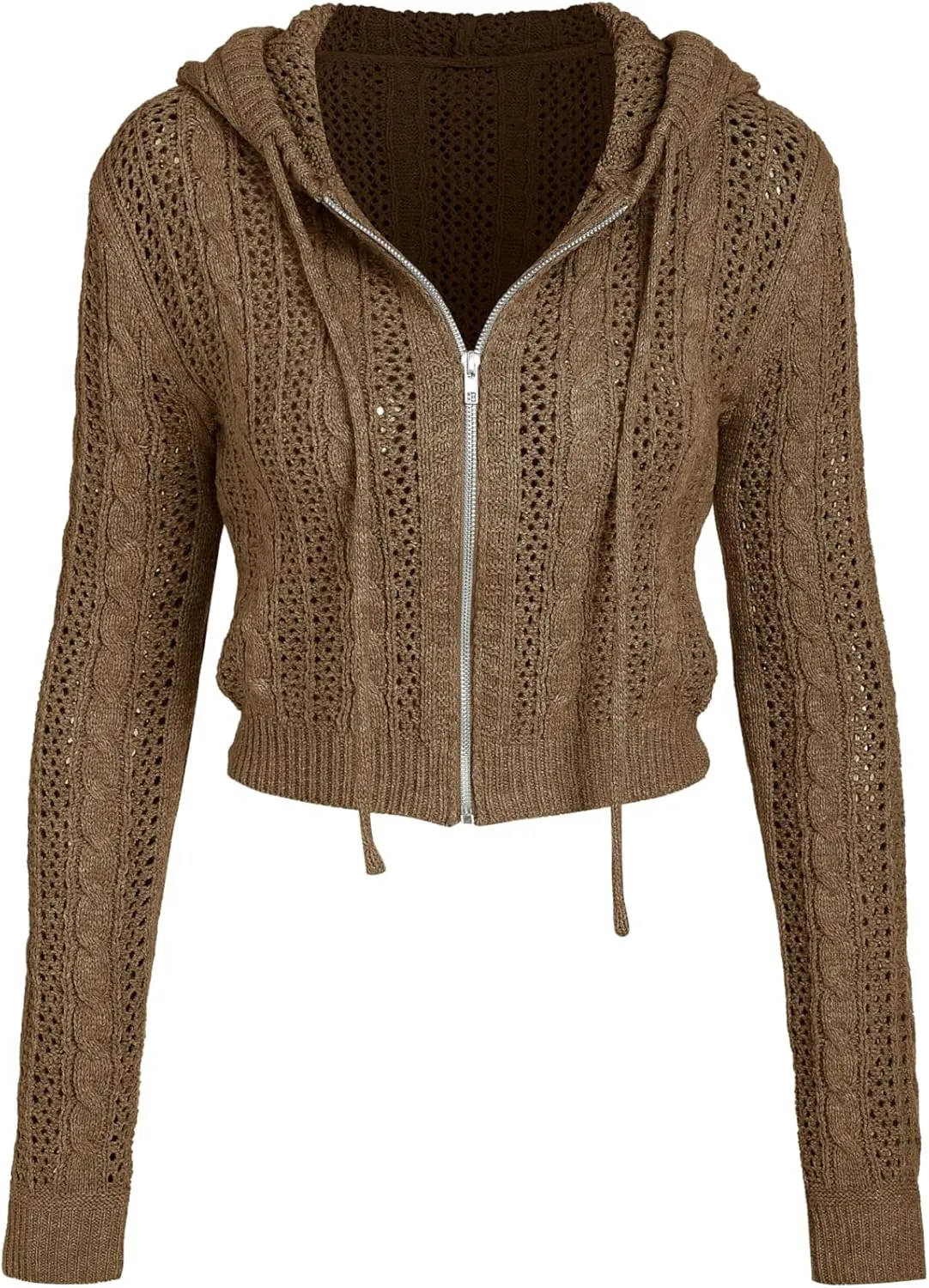 CIDER Women’s Zip Up Hoodie Crop Top Hollow Out Knitted Long Sleeve Cardigan Jacket Sweatshirt