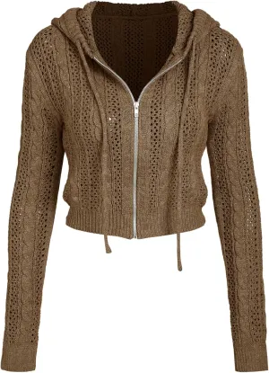 CIDER Women’s Zip Up Hoodie Crop Top Hollow Out Knitted Long Sleeve Cardigan Jacket Sweatshirt