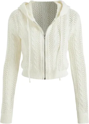 CIDER Women’s Zip Up Hoodie Crop Top Hollow Out Knitted Long Sleeve Cardigan Jacket Sweatshirt