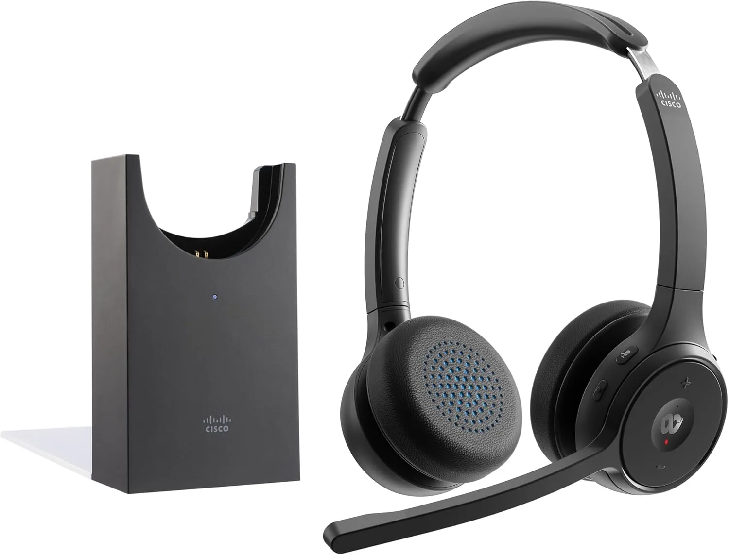 Cisco Headset 722, Wireless Dual On-Ear Bluetooth Headphones, Webex Button, USB-A HD Bluetooth Adapter, Soft Case, Charging Stand, Carbon Black, 2-Year Limited Liability Warranty (HS-WL-722-BUNAS-C)