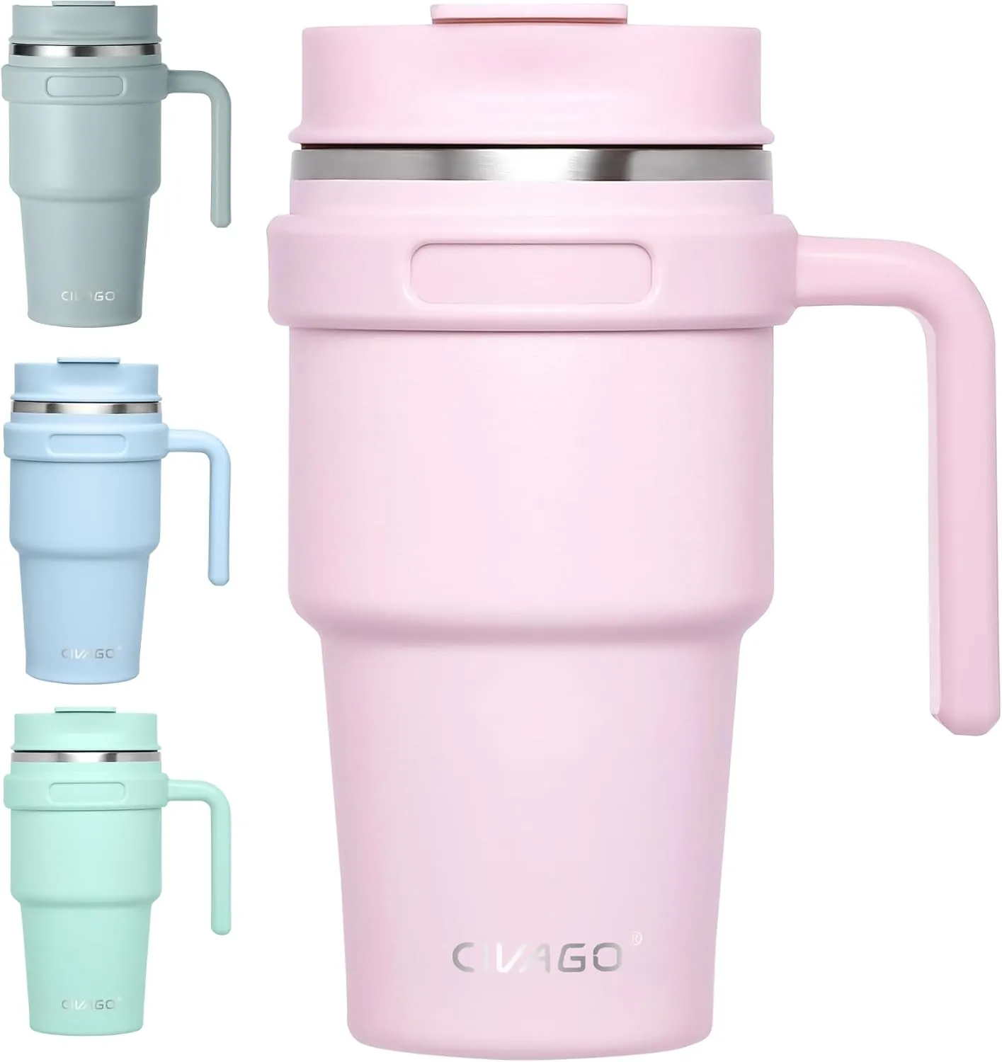 CIVAGO 20 oz Tumbler Mug with Lid and Straw, Insulated Travel Coffee Mug with Handle, Double Wall Stainless Steel Vacuum Coffee Tumbler, Thermal Coffee Cup, Flip lid, Blush