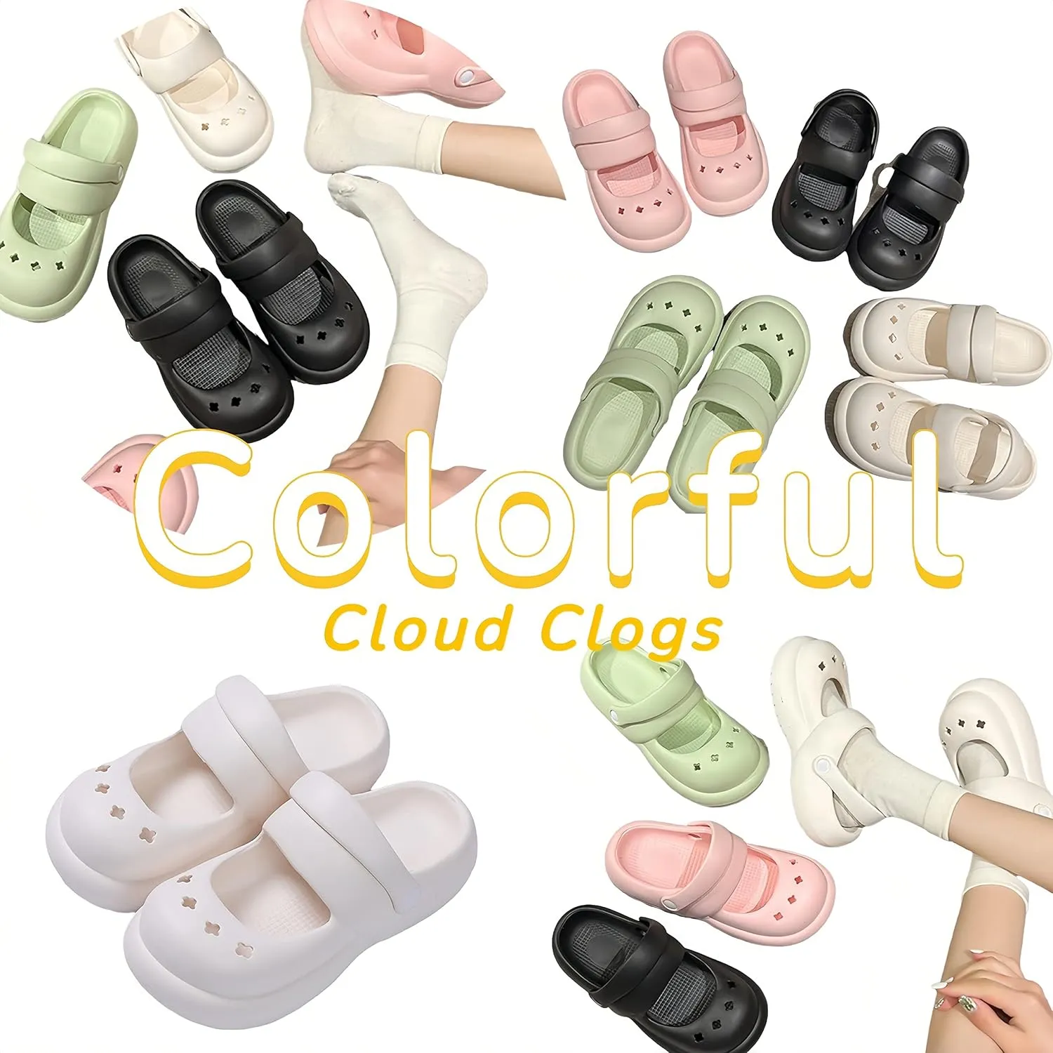 Cloud Double Strap Clogs Comfort Sandals Mary and Jane Flat Slides Cushion Platform Lightweight Waterproof Anti-Skid Soft EVA Shoes Summer Essentials for Women and Girls Cozy Bathroom Shower Pool Beach Indoor and Outdoor