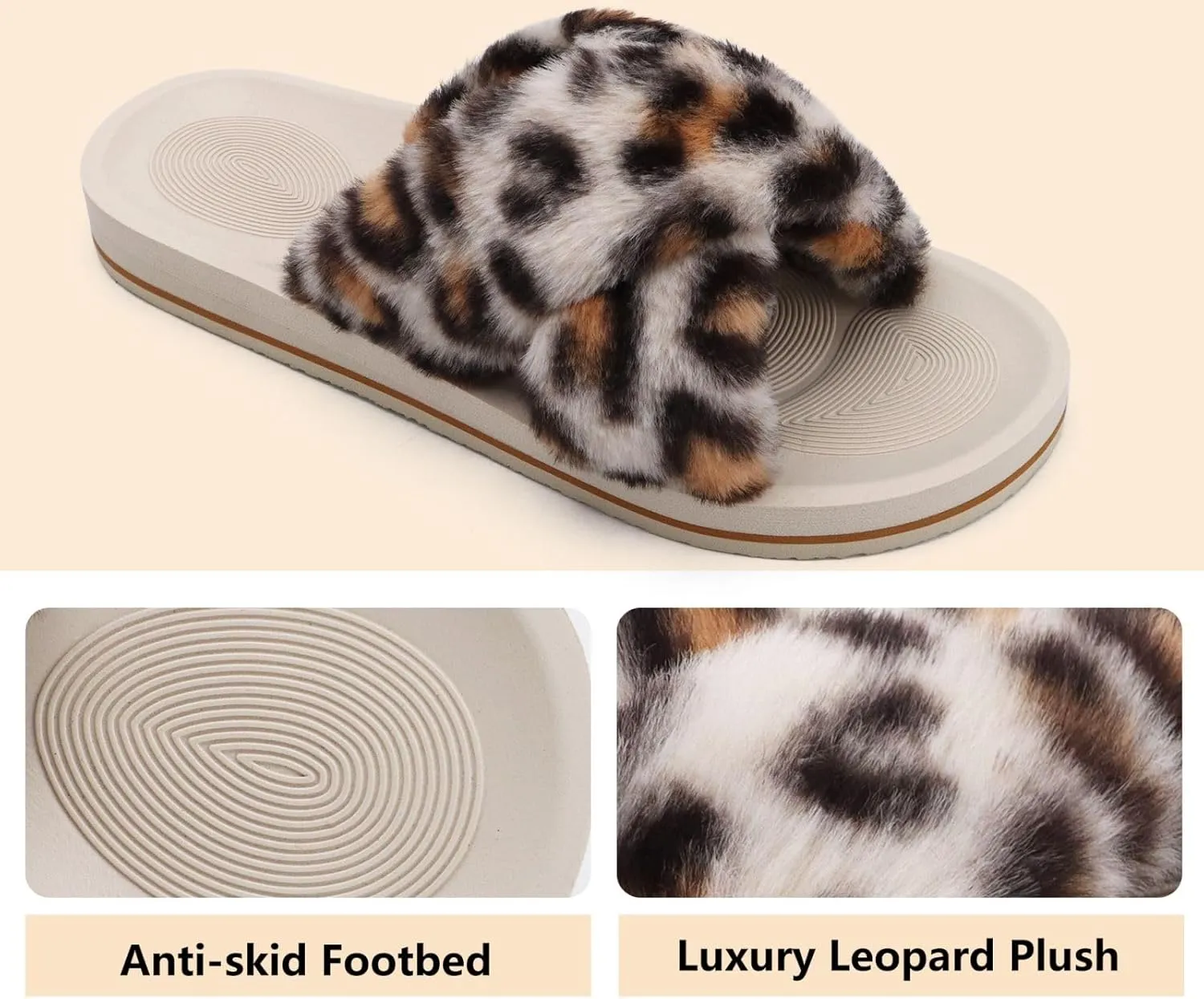 COFACE Womens Fuzzy Slides Fluff Faux Fur Cross Slippers Open Toe Yoga Mat House Slippers Sandals With Arch Support For Indoor/Outdoor