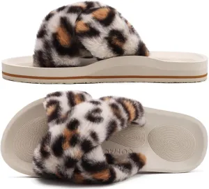 COFACE Womens Fuzzy Slides Fluff Faux Fur Cross Slippers Open Toe Yoga Mat House Slippers Sandals With Arch Support For Indoor/Outdoor