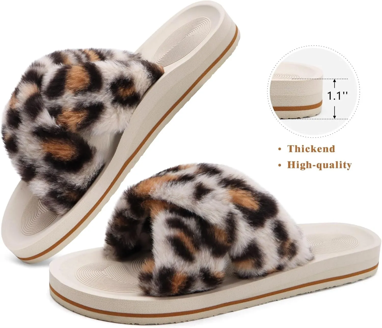 COFACE Womens Fuzzy Slides Fluff Faux Fur Cross Slippers Open Toe Yoga Mat House Slippers Sandals With Arch Support For Indoor/Outdoor