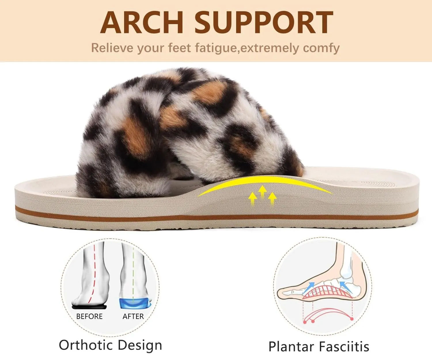 COFACE Womens Fuzzy Slides Fluff Faux Fur Cross Slippers Open Toe Yoga Mat House Slippers Sandals With Arch Support For Indoor/Outdoor