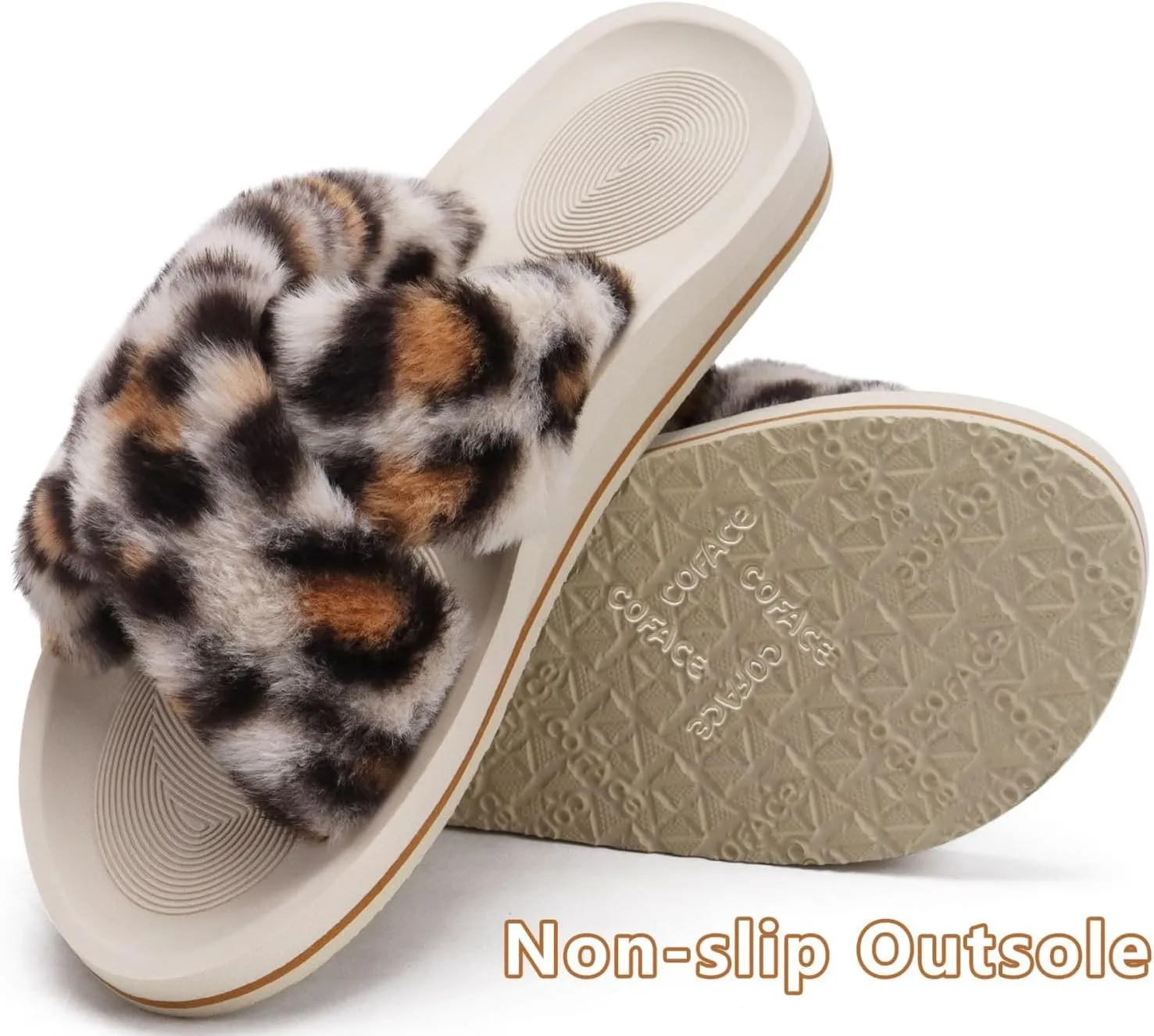 COFACE Womens Fuzzy Slides Fluff Faux Fur Cross Slippers Open Toe Yoga Mat House Slippers Sandals With Arch Support For Indoor/Outdoor
