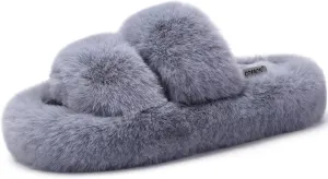 COFACE Womens House Slippers Woman Fuzzy Fluff Indoor Slipper Ladies Furry Fur Bedroom Slip On Slipers Women’s Home Winter Open Toe Plush Shearling Slide Size 5-11