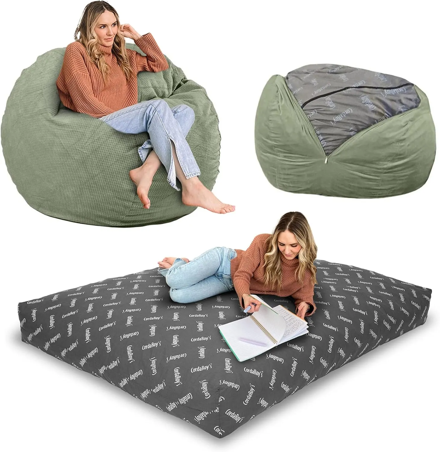 CordaRoy's Chenille Bean Bag-Convertible Bean Bag Chair&Bed-Machine-Washable Chenille Fabric Cover-for Basement,Living Room,Game Room,Dorm & More - Full Size - Moss | Made in The USA