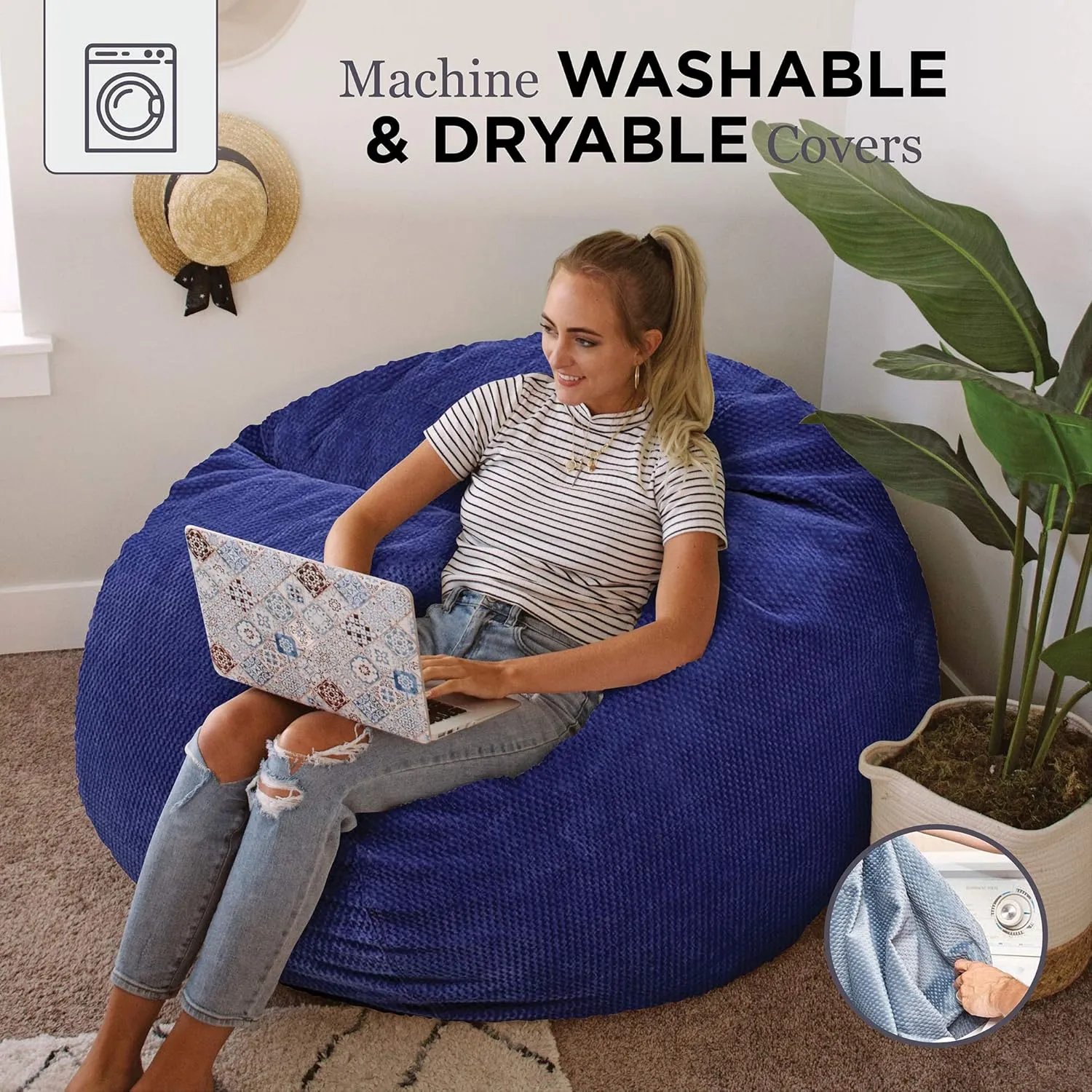CordaRoy's Chenille Bean Bag-Convertible Bean Bag Chair&Bed-Machine-Washable Chenille Fabric Cover-for Basement,Living Room,Game Room,Dorm & More - Full Size - Navy | Made in The USA