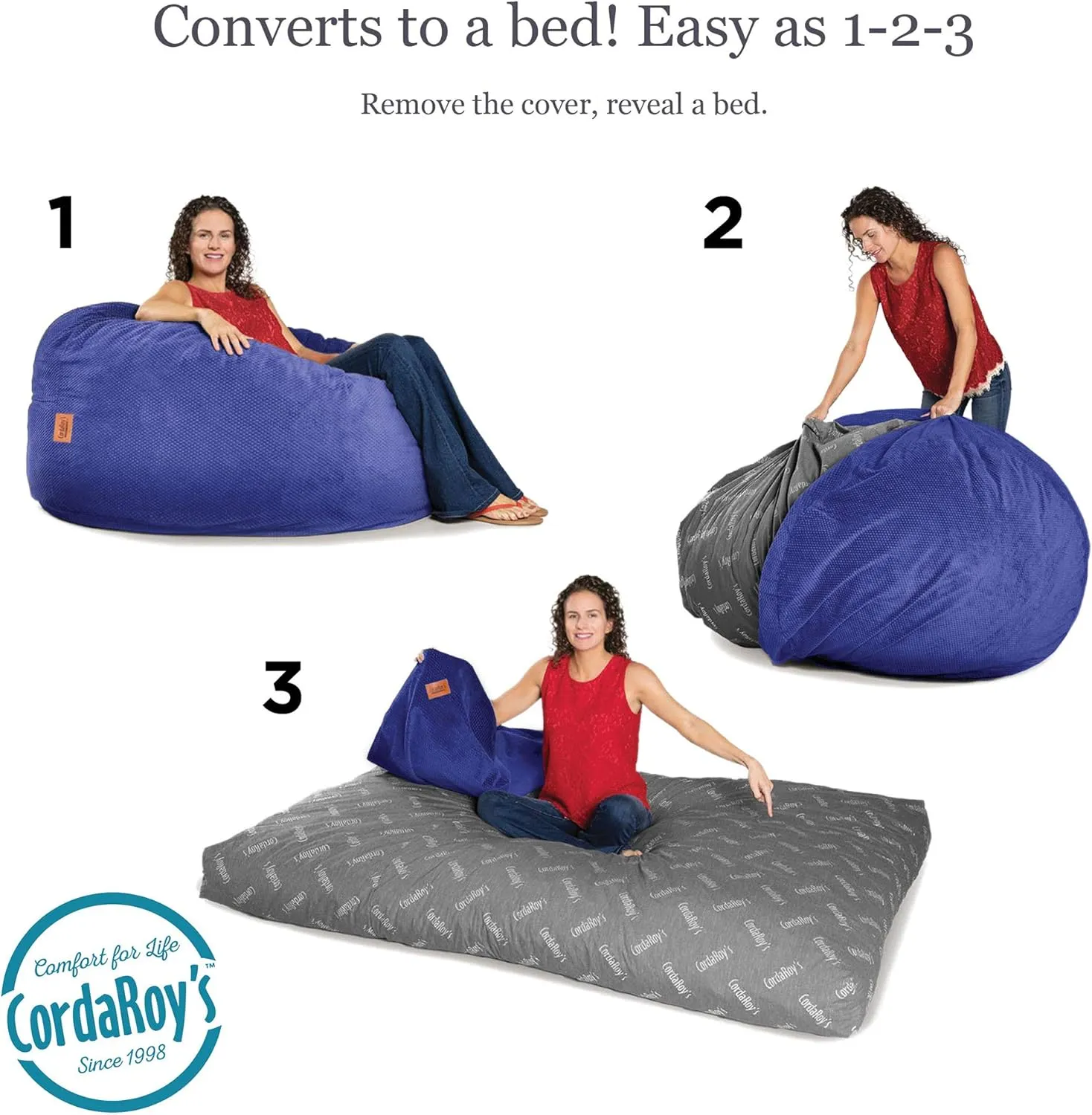 CordaRoy's Chenille Bean Bag-Convertible Bean Bag Chair&Bed-Machine-Washable Chenille Fabric Cover-for Basement,Living Room,Game Room,Dorm & More - Full Size - Navy | Made in The USA