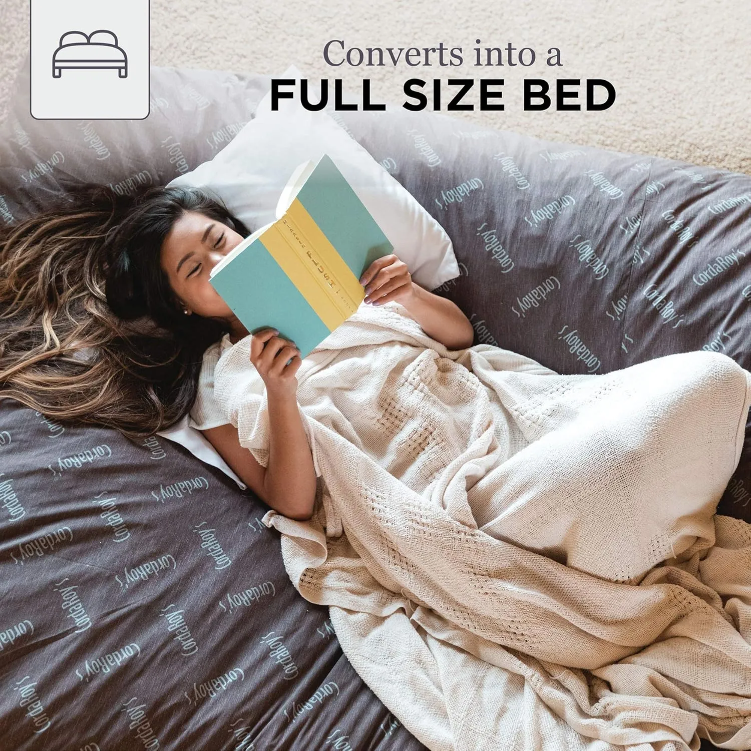 CordaRoy's Chenille Bean Bag-Convertible Bean Bag Chair&Bed-Machine-Washable Chenille Fabric Cover-for Basement,Living Room,Game Room,Dorm & More - Full Size - Navy | Made in The USA