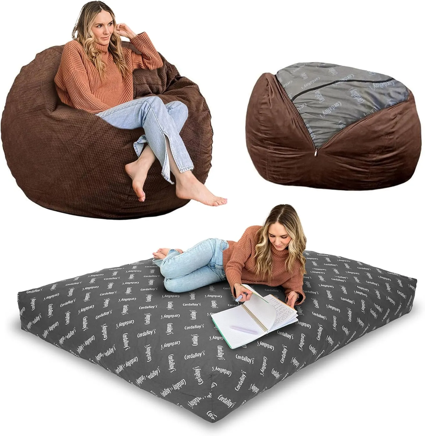 CordaRoy's Chenille Bean Bag-Convertible Bean Bag Chair&Bed-Machine-Washable Chenille Fabric Cover-for Basement,Living Room,Game Room,Dorm & More - Queen Size - Espresso | Made in The USA