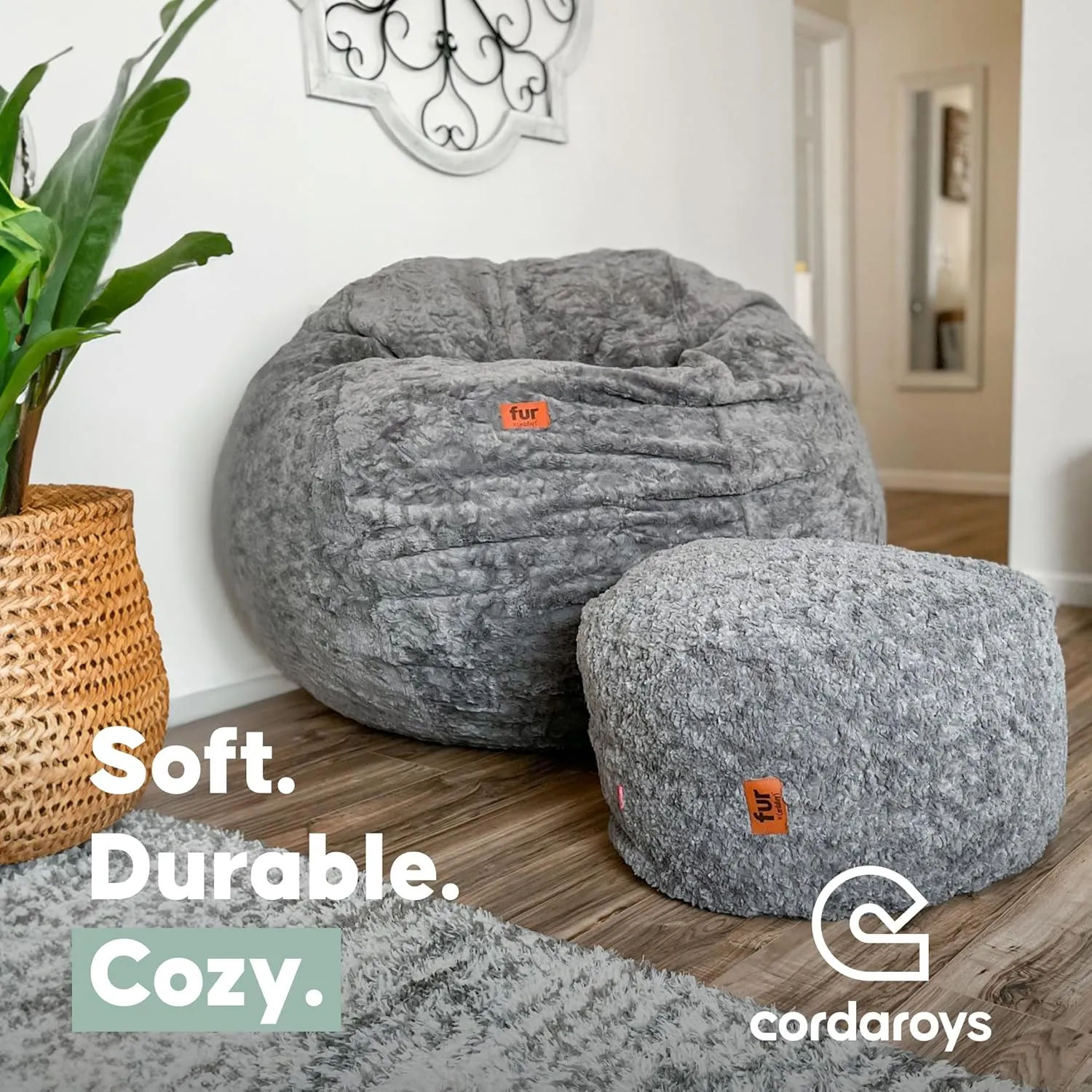 CordaRoy's Faux Fur Bean Bag-Convertible Bean Bag Chair & Bed-Machine-Washable Faux Fur Fabric Cover for Basement, Living Room, Game Room, Dorm & More - King Size - Black | Made in The USA