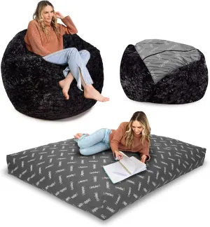 CordaRoy's Faux Fur Bean Bag-Convertible Bean Bag Chair & Bed-Machine-Washable Faux Fur Fabric Cover for Basement, Living Room, Game Room, Dorm & More - King Size - Black | Made in The USA