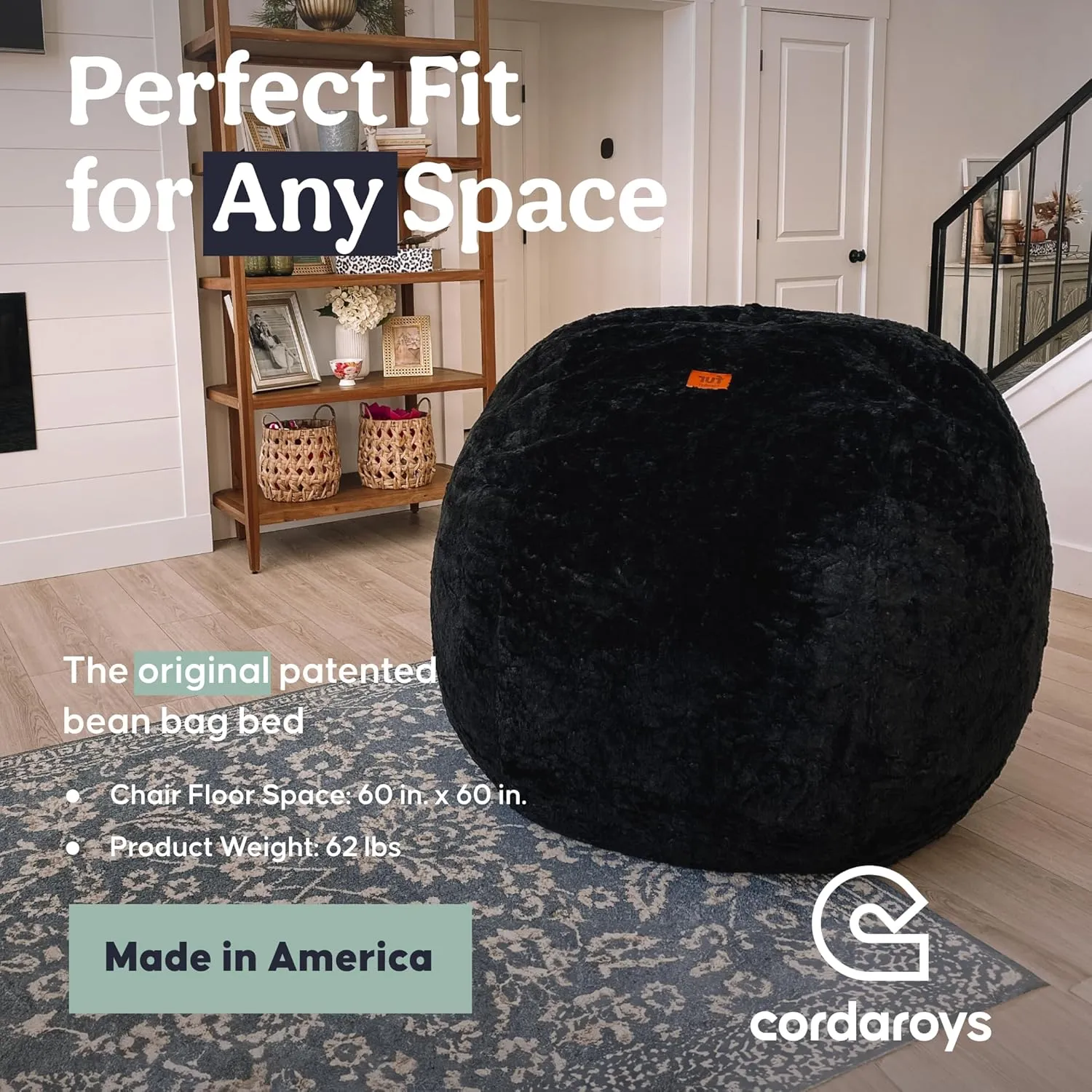 CordaRoy's Faux Fur Bean Bag-Convertible Bean Bag Chair & Bed-Machine-Washable Faux Fur Fabric Cover for Basement, Living Room, Game Room, Dorm & More - King Size - Black | Made in The USA