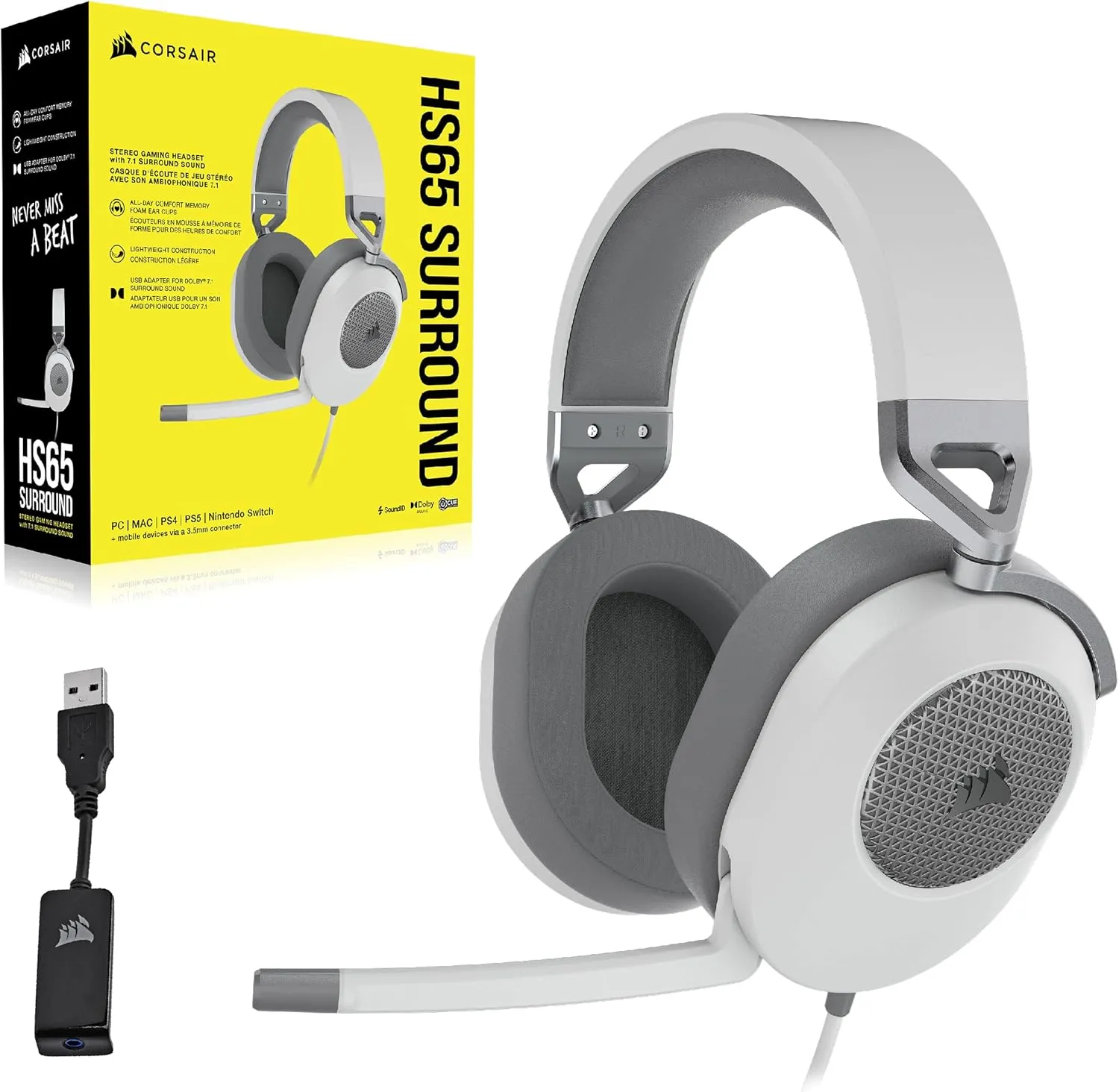 CORSAIR HS65 SURROUND Multiplatform Wired Gaming Headset – Dolby Atmos – SonarWorks SoundID – iCUE Compatible – PC, Mac, PS5, PS4, Xbox, Nintendo Switch, Mobile – White