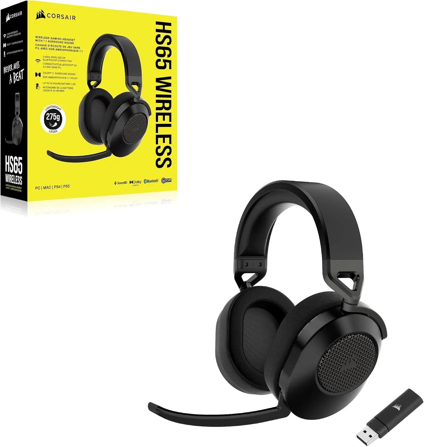 Corsair HS65 Wireless Multiplatform Gaming Headset with Bluetooth - Dolby Audio 7.1 - Omni-Directional Microphone - iCUE Compatible - PC, Mac, PS5, PS4, Mobile - Carbon