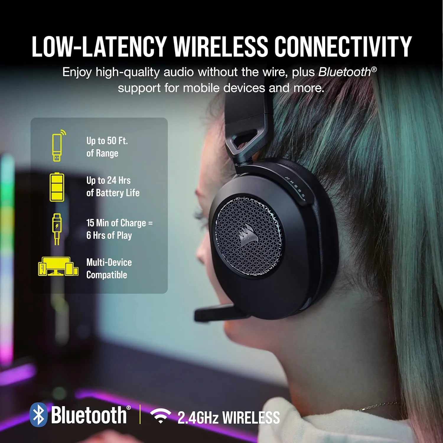 Corsair HS65 Wireless Multiplatform Gaming Headset with Bluetooth - Dolby Audio 7.1 - Omni-Directional Microphone - iCUE Compatible - PC, Mac, PS5, PS4, Mobile - Carbon