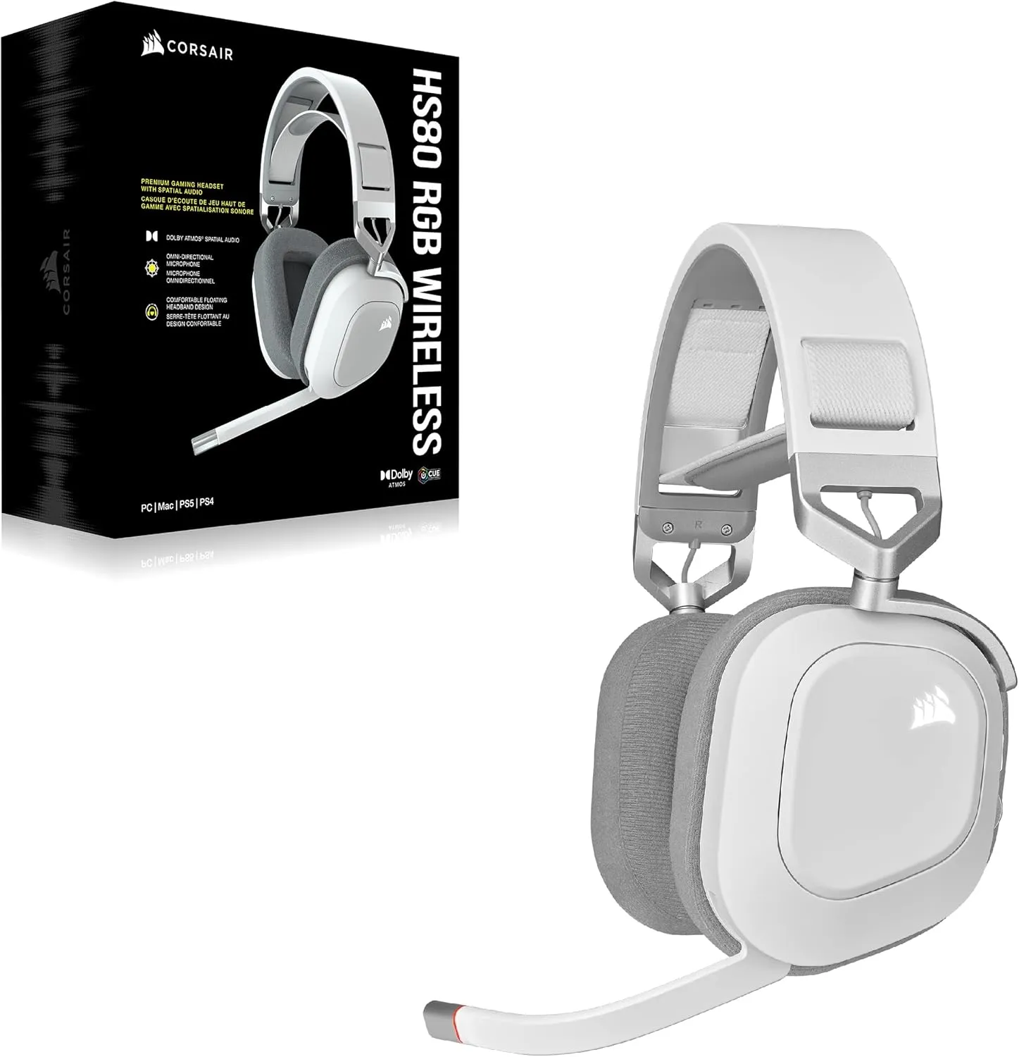 CORSAIR HS80 RGB WIRELESS Multiplatform Gaming Headset - Dolby Atmos - Lightweight Comfort Design - Broadcast Quality Microphone - iCUE Compatible - PC, Mac, PS5, PS4 - White