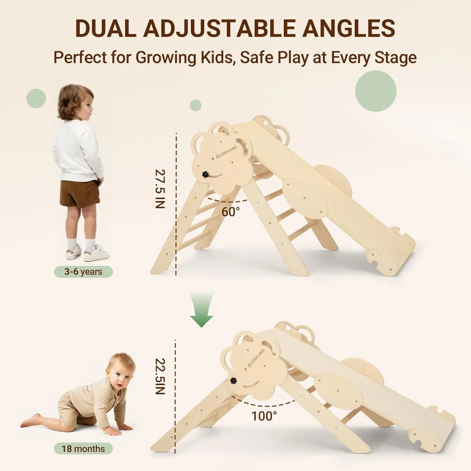 COSYLAND Pikler Triangle Set - 8 in 1 Large Montessori Climbing Toys for Indoor - Wooden Foldable Jungle Gym for Toddler & Baby, CPC/SOR/CE Certified Enjoys Unique Patented Design, Natural