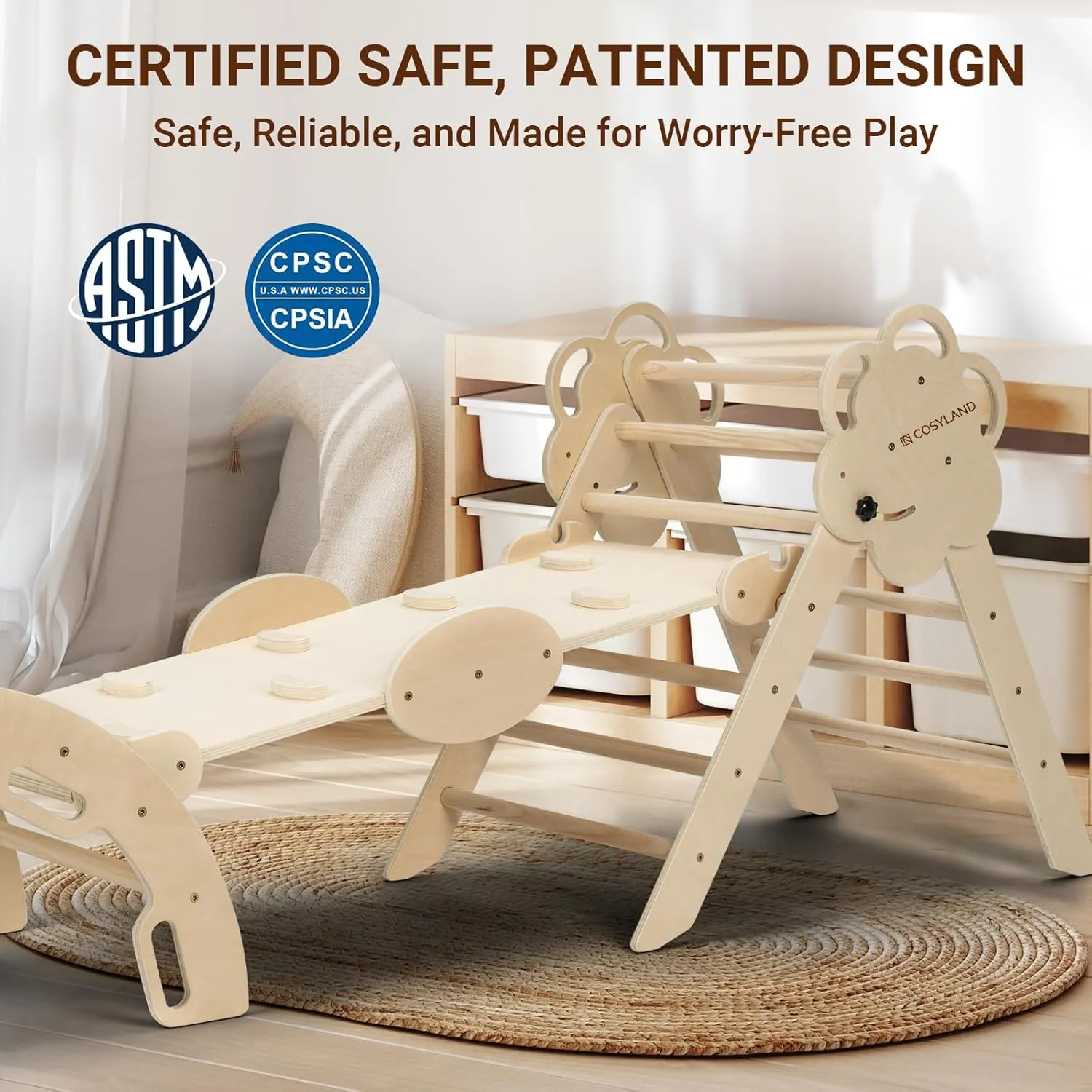 COSYLAND Pikler Triangle Set - 8 in 1 Large Montessori Climbing Toys for Indoor - Wooden Foldable Jungle Gym for Toddler & Baby, CPC/SOR/CE Certified Enjoys Unique Patented Design, Natural