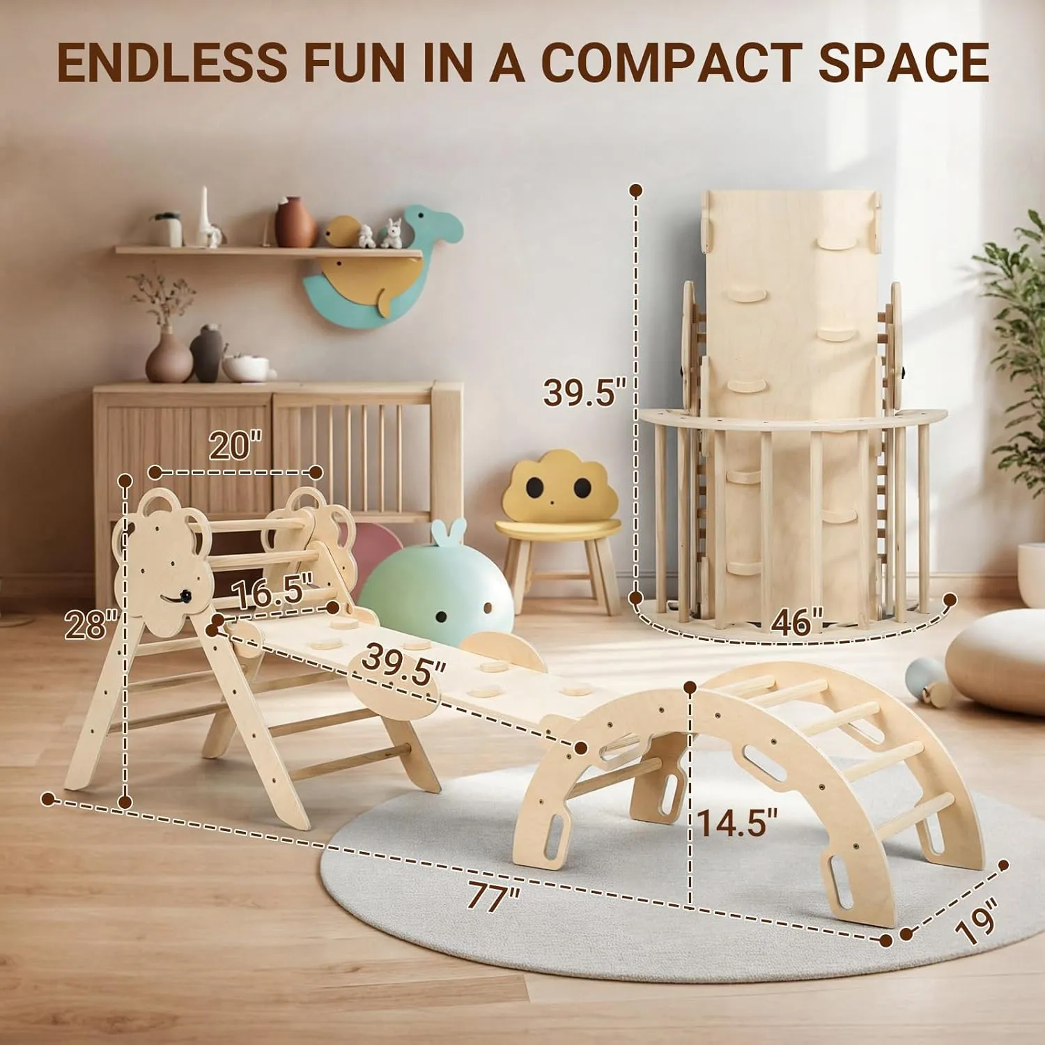 COSYLAND Pikler Triangle Set - 8 in 1 Large Montessori Climbing Toys for Indoor - Wooden Foldable Jungle Gym for Toddler & Baby, CPC/SOR/CE Certified Enjoys Unique Patented Design, Natural