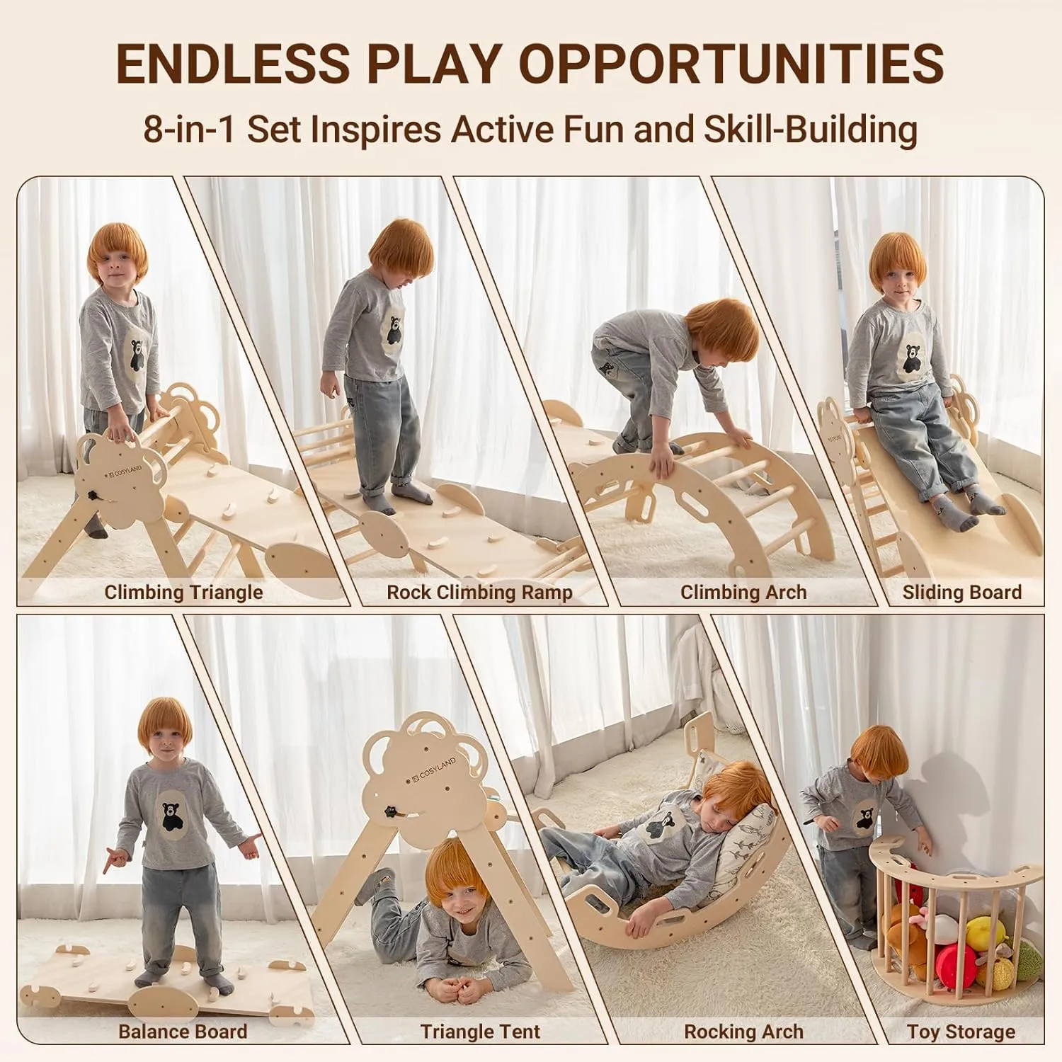COSYLAND Pikler Triangle Set - 8 in 1 Large Montessori Climbing Toys for Indoor - Wooden Foldable Jungle Gym for Toddler & Baby, CPC/SOR/CE Certified Enjoys Unique Patented Design, Natural