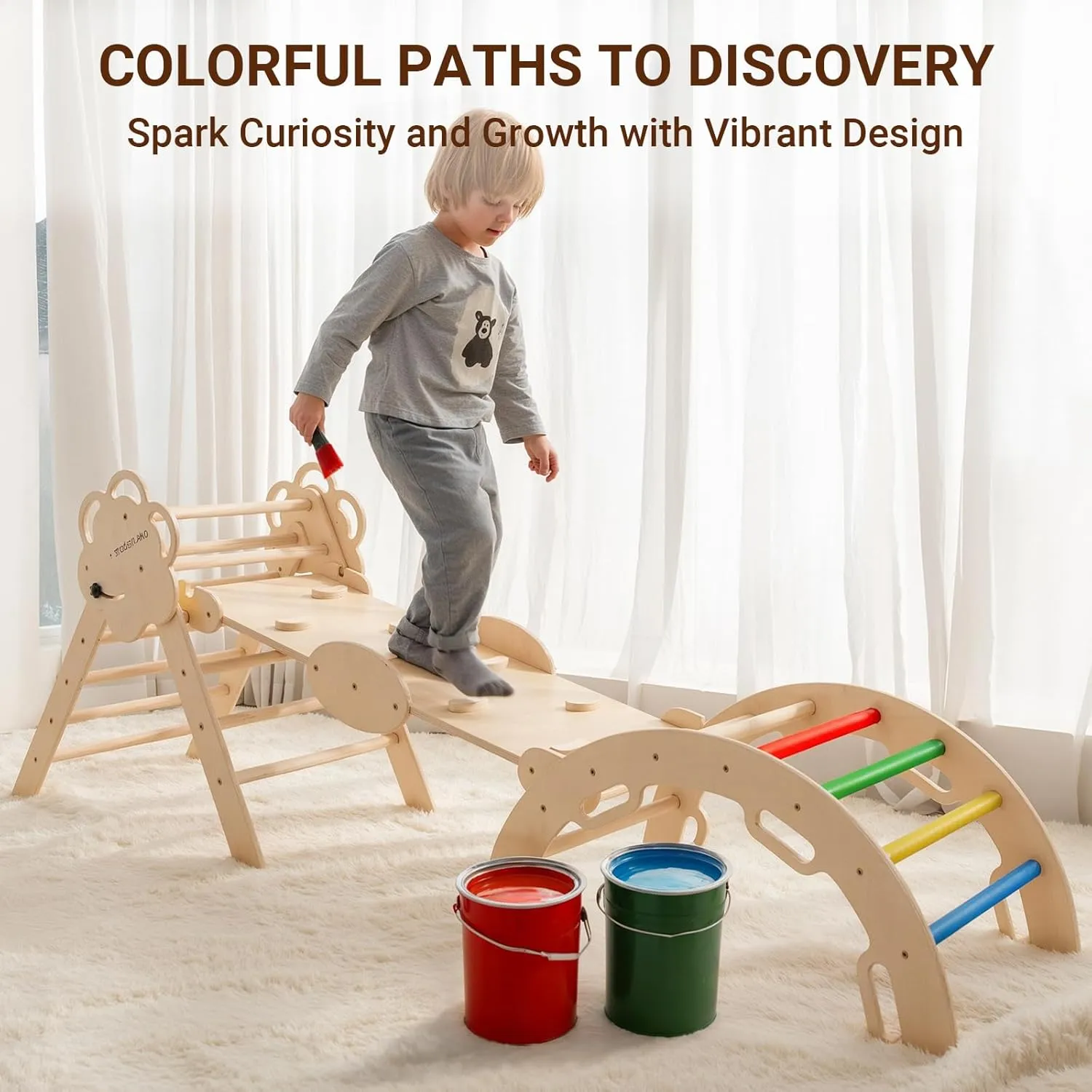 COSYLAND Pikler Triangle Set - 8 in 1 Large Montessori Climbing Toys for Indoor - Wooden Foldable Jungle Gym for Toddler & Baby, CPC/SOR/CE Certified Enjoys Unique Patented Design, Natural