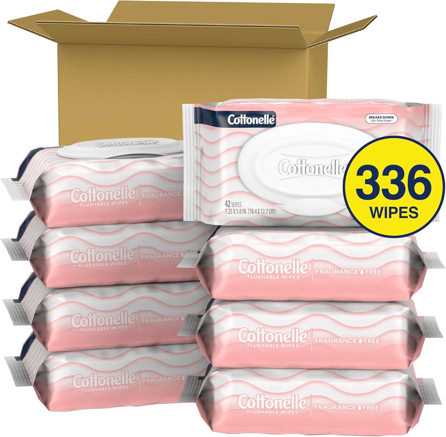 Cottonelle Fragrance Free Flushable Wet Wipes, Adult Wet Wipes, 8 Flip-Top Packs, 42 Wipes Per Pack