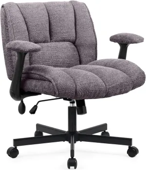 Criss Cross Legged Office Chair with Flip-Up Arms and Wheels, Wide Seat Desk Chair with Built-in Dynamic Airbag Lumbar Support, Modern Cross-Leg Chair for Home Office, Apartment, Vanity, Grey