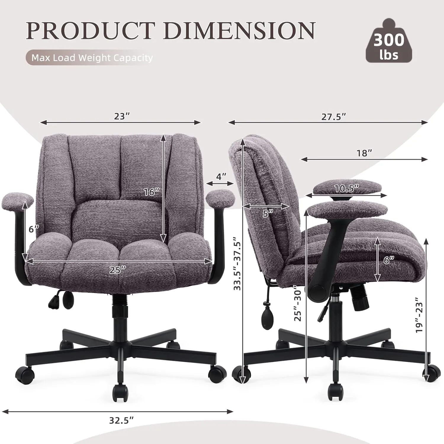 Criss Cross Legged Office Chair with Flip-Up Arms and Wheels, Wide Seat Desk Chair with Built-in Dynamic Airbag Lumbar Support, Modern Cross-Leg Chair for Home Office, Apartment, Vanity, Grey