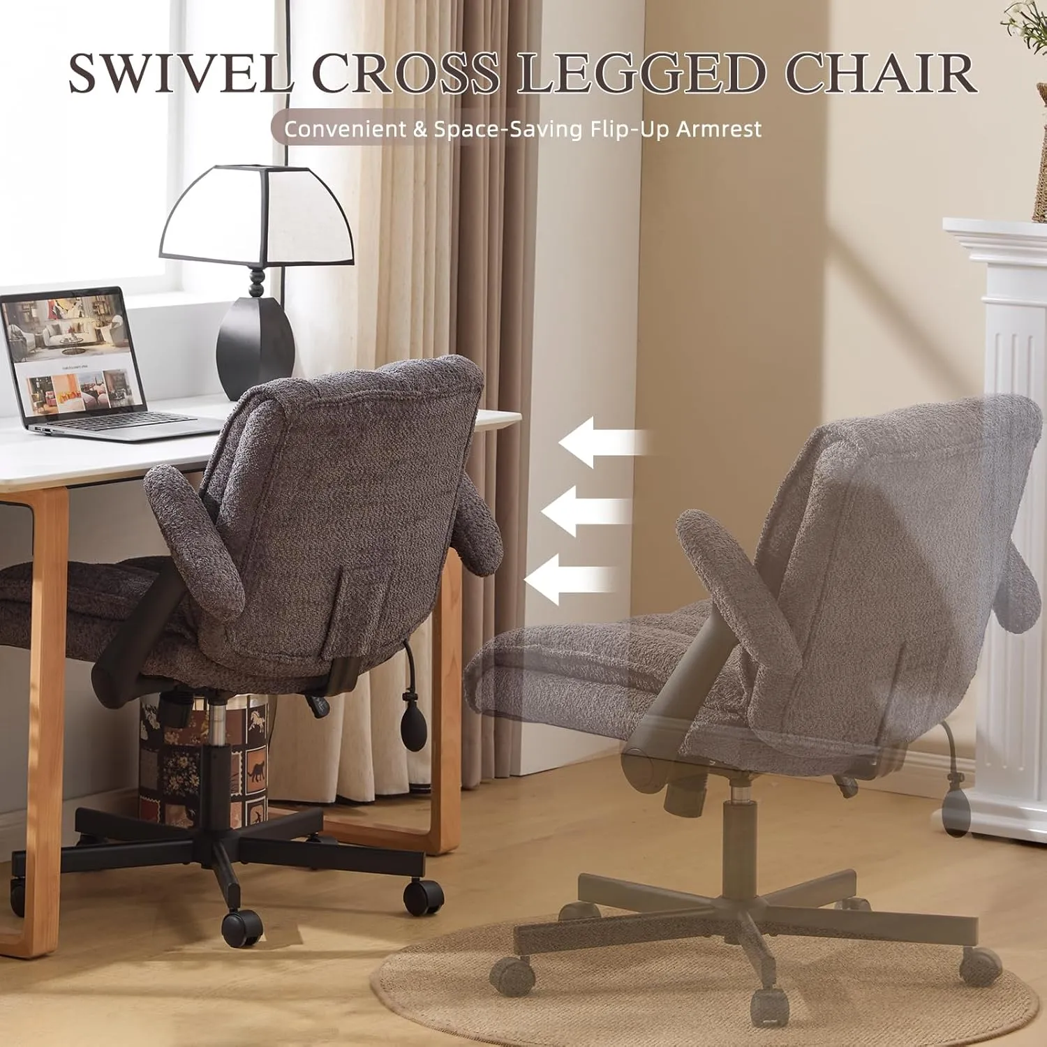 Criss Cross Legged Office Chair with Flip-Up Arms and Wheels, Wide Seat Desk Chair with Built-in Dynamic Airbag Lumbar Support, Modern Cross-Leg Chair for Home Office, Apartment, Vanity, Grey