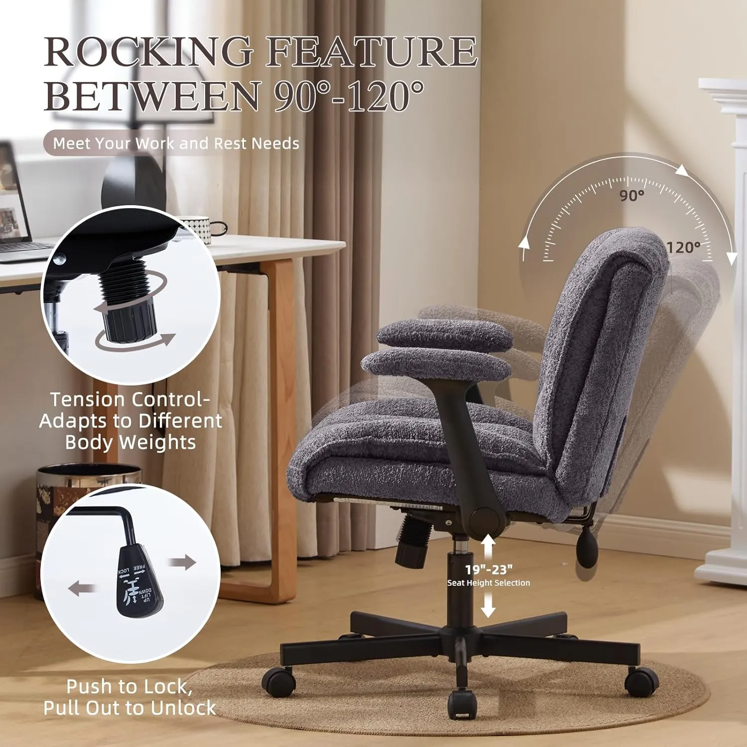 Criss Cross Legged Office Chair with Flip-Up Arms and Wheels, Wide Seat Desk Chair with Built-in Dynamic Airbag Lumbar Support, Modern Cross-Leg Chair for Home Office, Apartment, Vanity, Grey