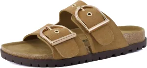 CUSHIONAIRE Brook Women’s Suede Double-Buckle Cork Footbed Slide Sandals with Memory Foam Comfort