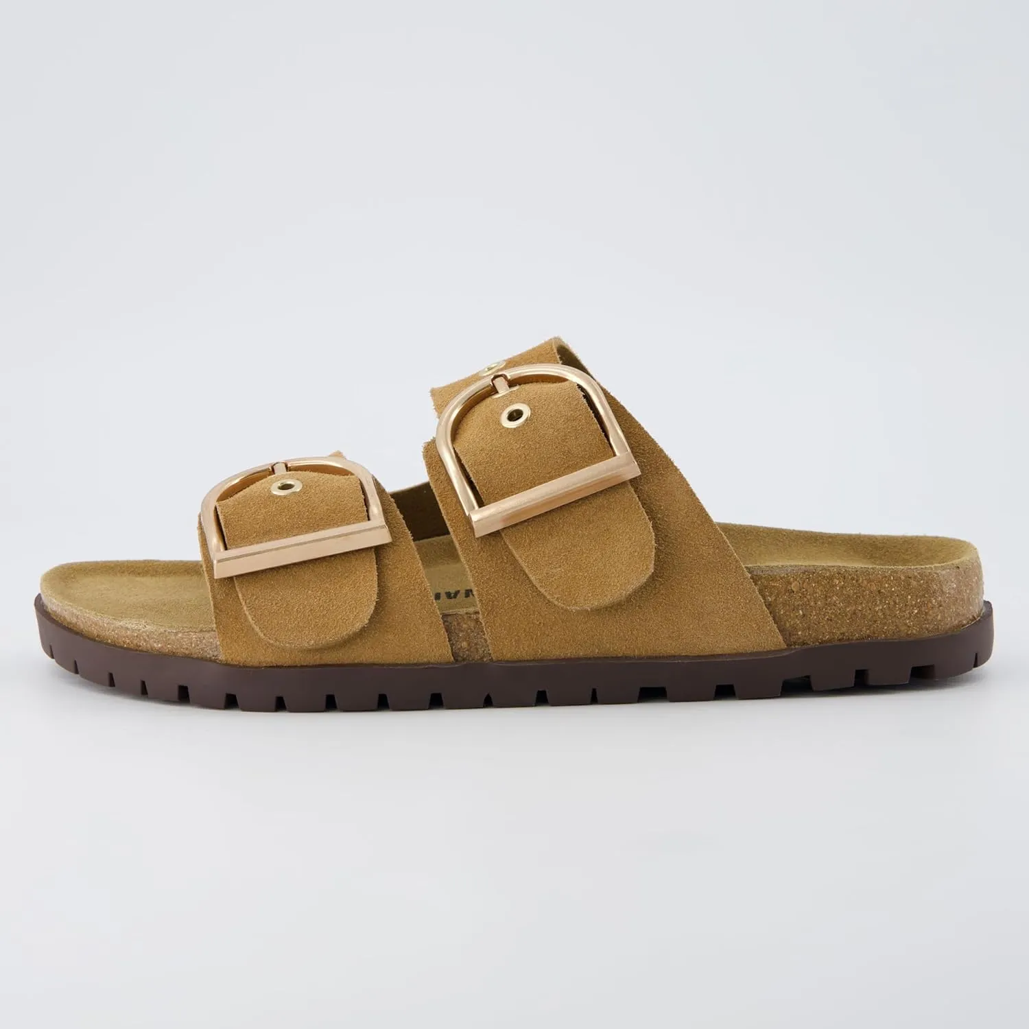 CUSHIONAIRE Brook Women’s Suede Double-Buckle Cork Footbed Slide Sandals with Memory Foam Comfort