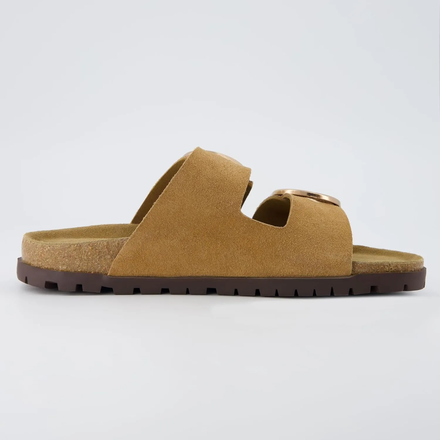 CUSHIONAIRE Brook Women’s Suede Double-Buckle Cork Footbed Slide Sandals with Memory Foam Comfort