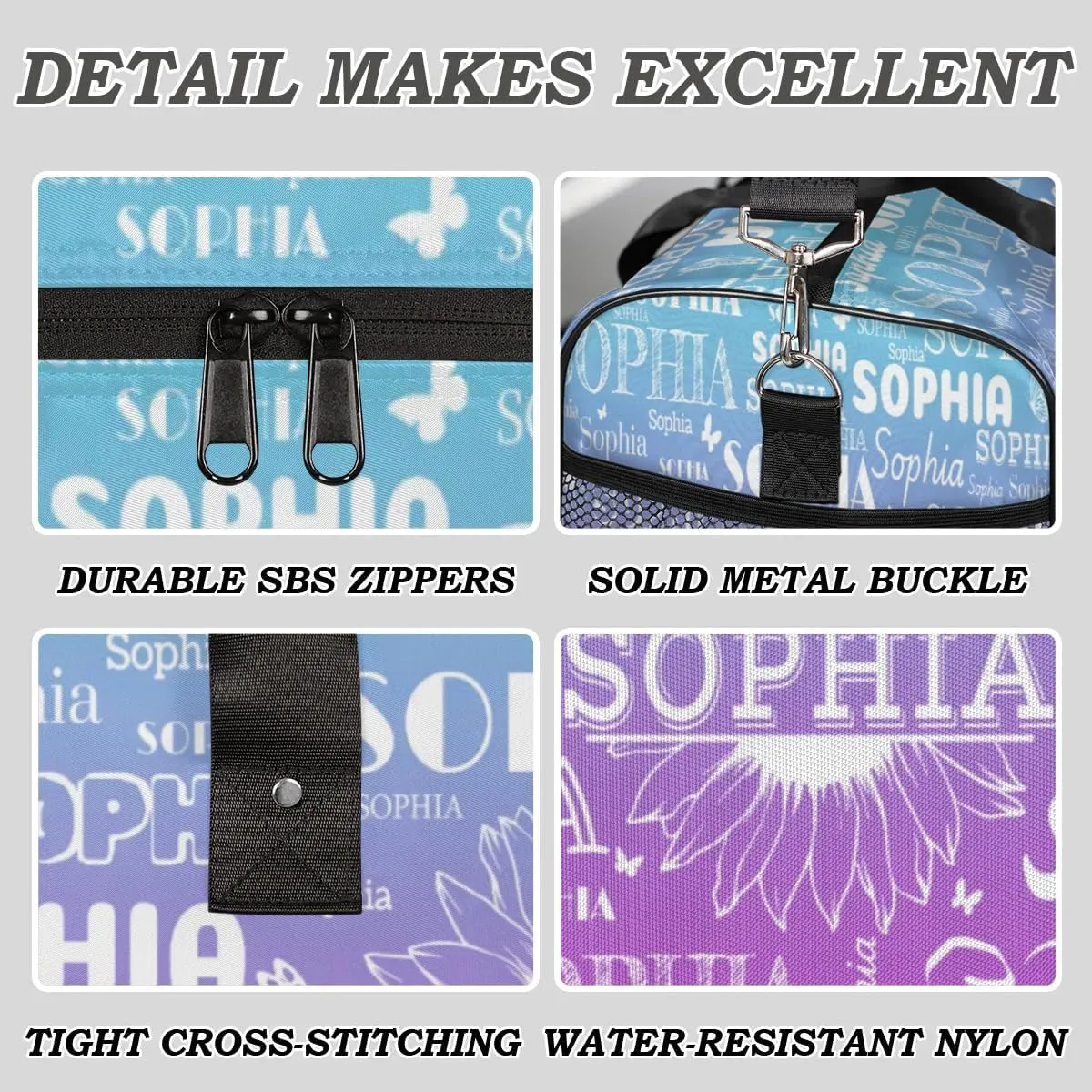 Custom Name Sport Duffel Bag, Sunflower Personalized Gym Bag for Women, Custom Travel Tote Bags for Dance Cheer, Overnight Weekender Bags, Blue Purple Gradient Bag