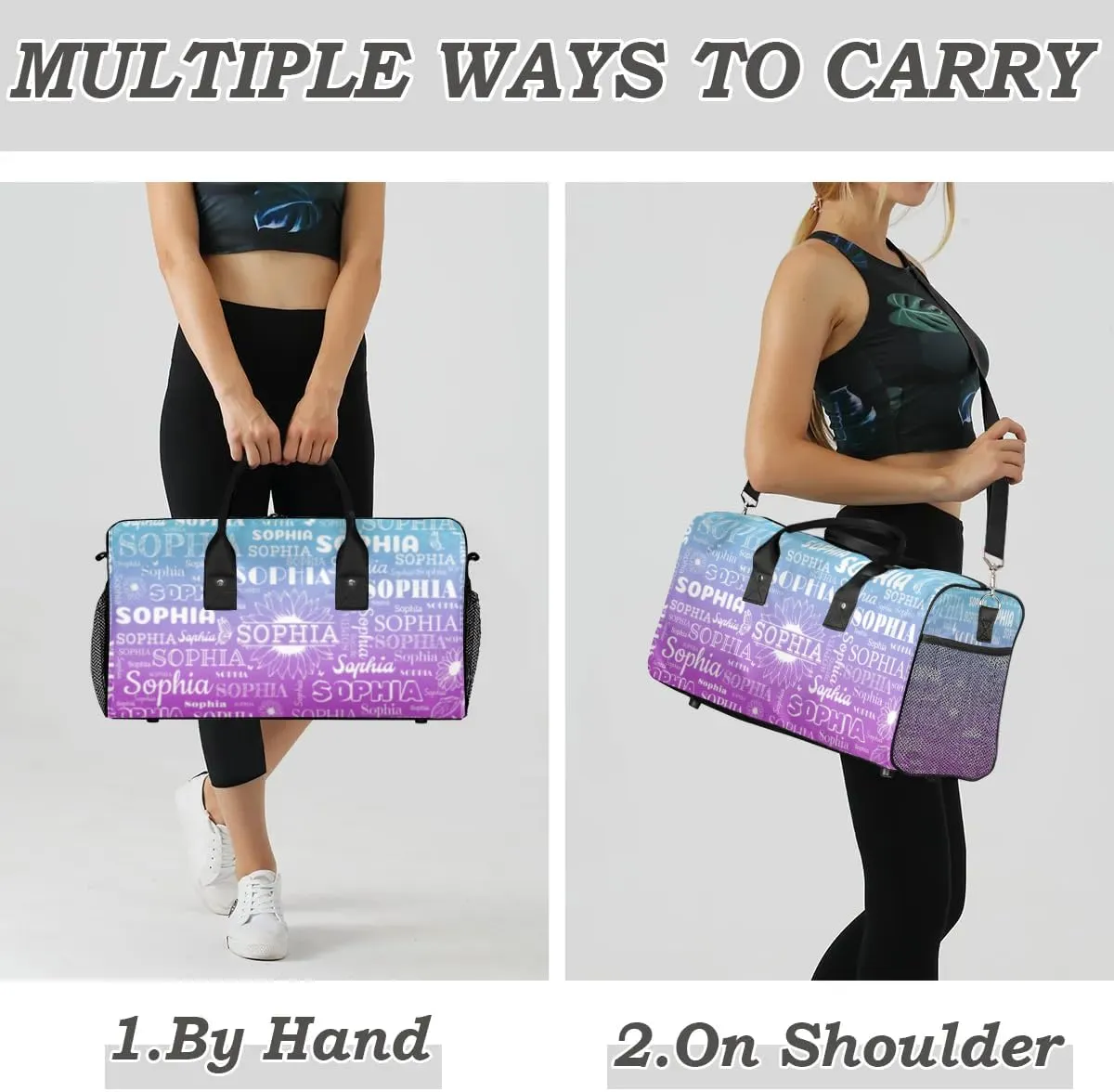 Custom Name Sport Duffel Bag, Sunflower Personalized Gym Bag for Women, Custom Travel Tote Bags for Dance Cheer, Overnight Weekender Bags, Blue Purple Gradient Bag