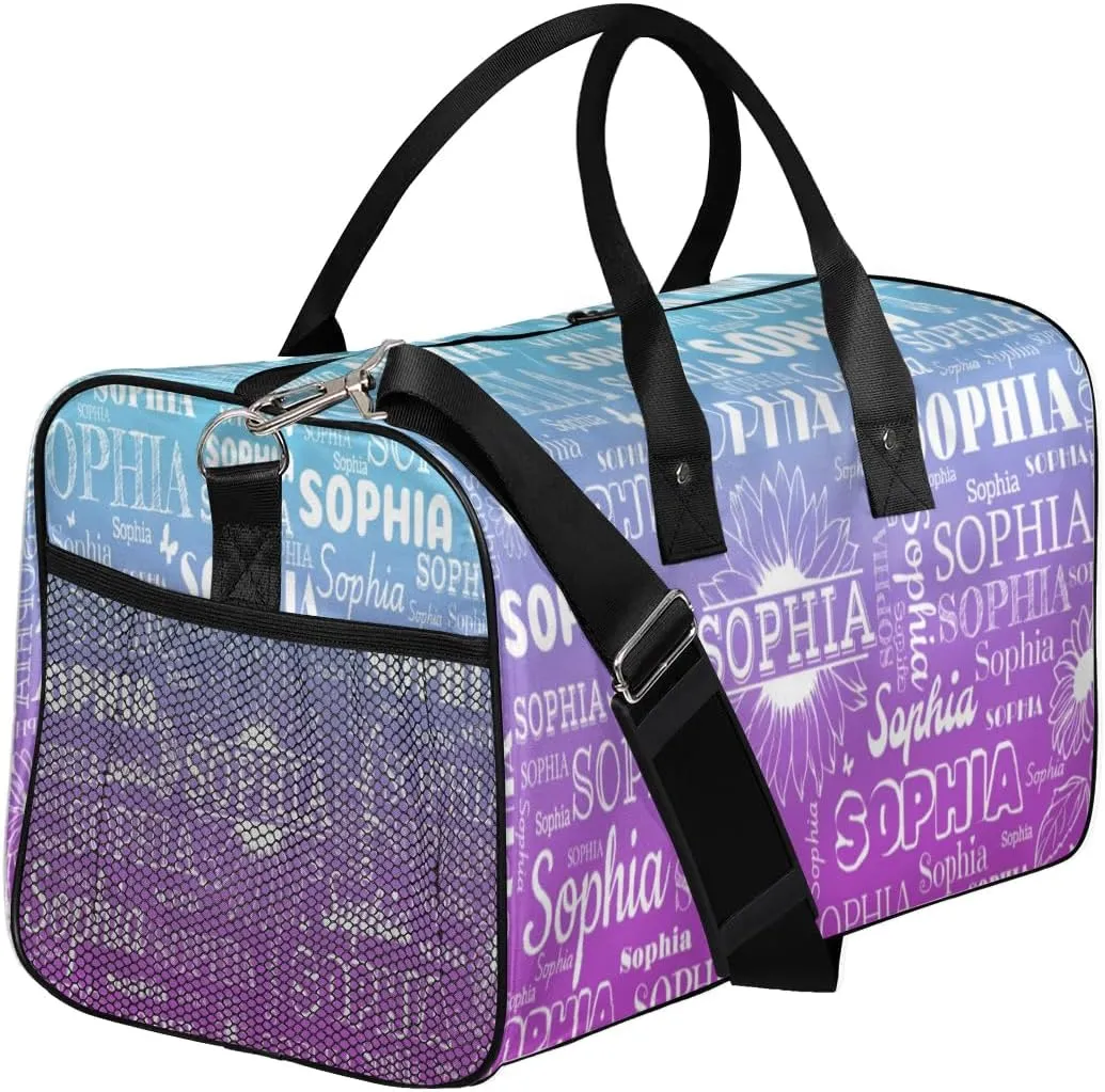 Custom Name Sport Duffel Bag, Sunflower Personalized Gym Bag for Women, Custom Travel Tote Bags for Dance Cheer, Overnight Weekender Bags, Blue Purple Gradient Bag